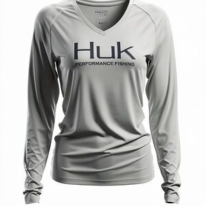 Huk Fishing Gray V-Neck Performance Shirt Women’s Large